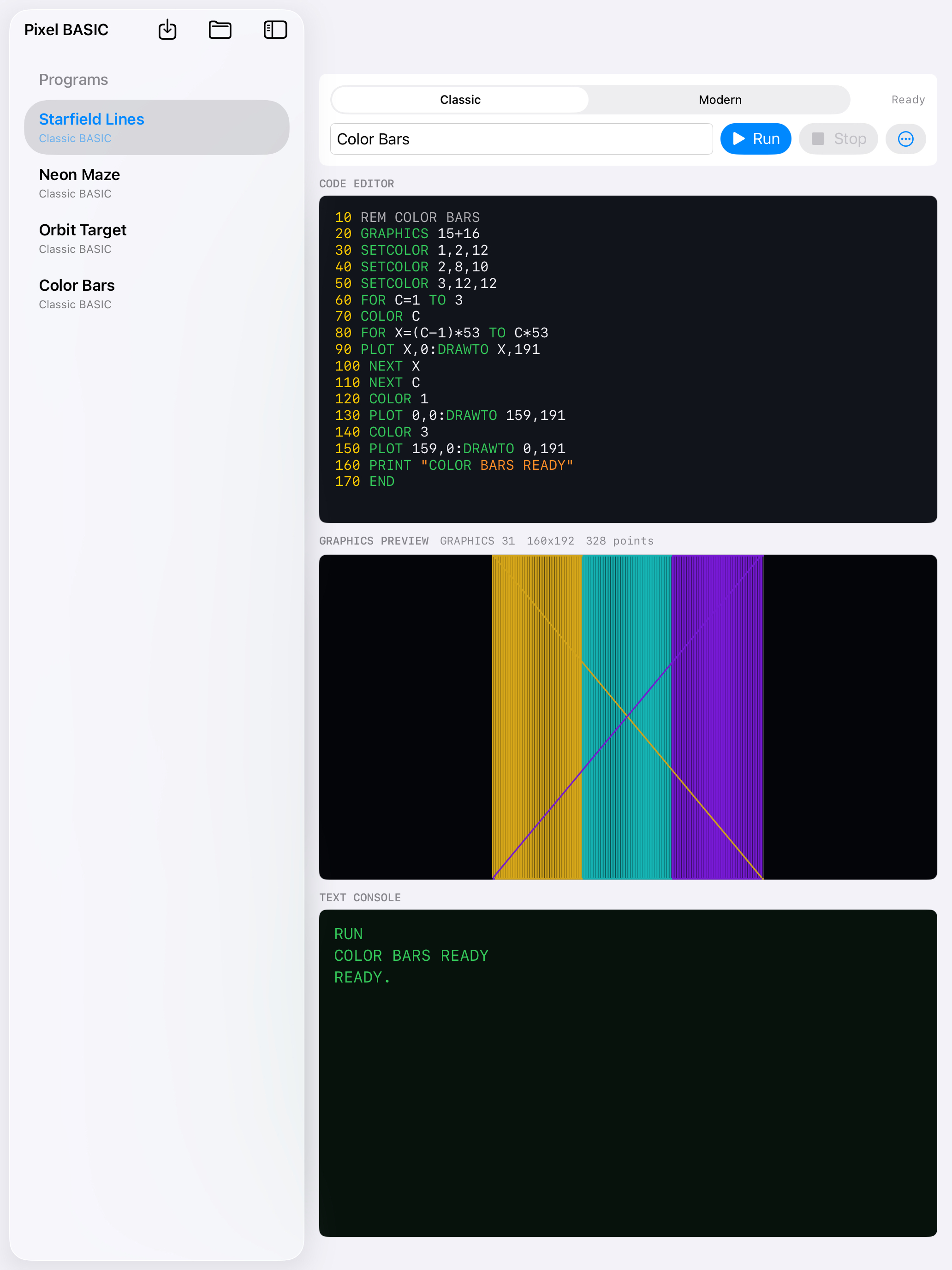 Pixel BASIC graphics preview on iPad