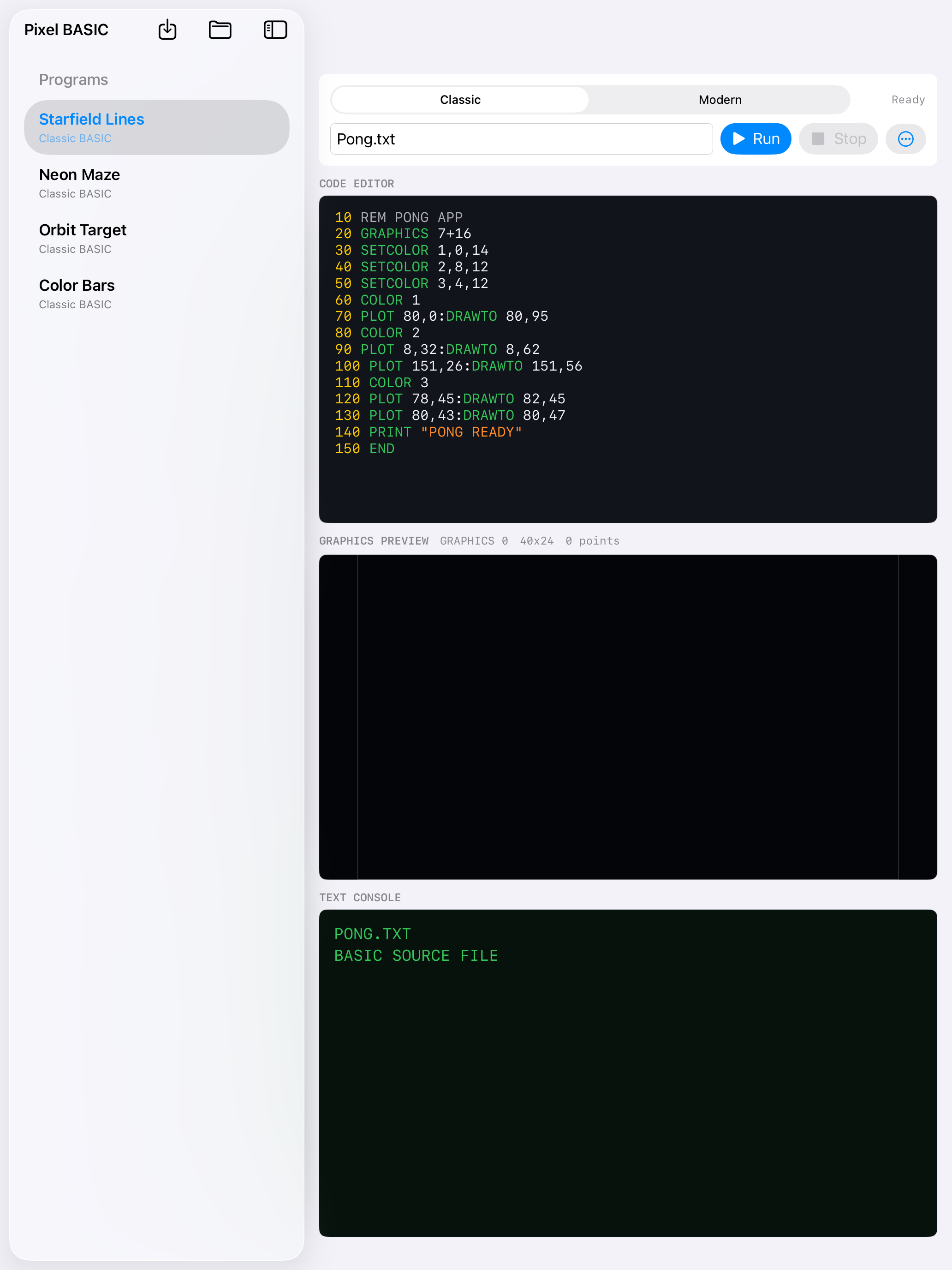 A Pong BASIC text file open in Pixel BASIC