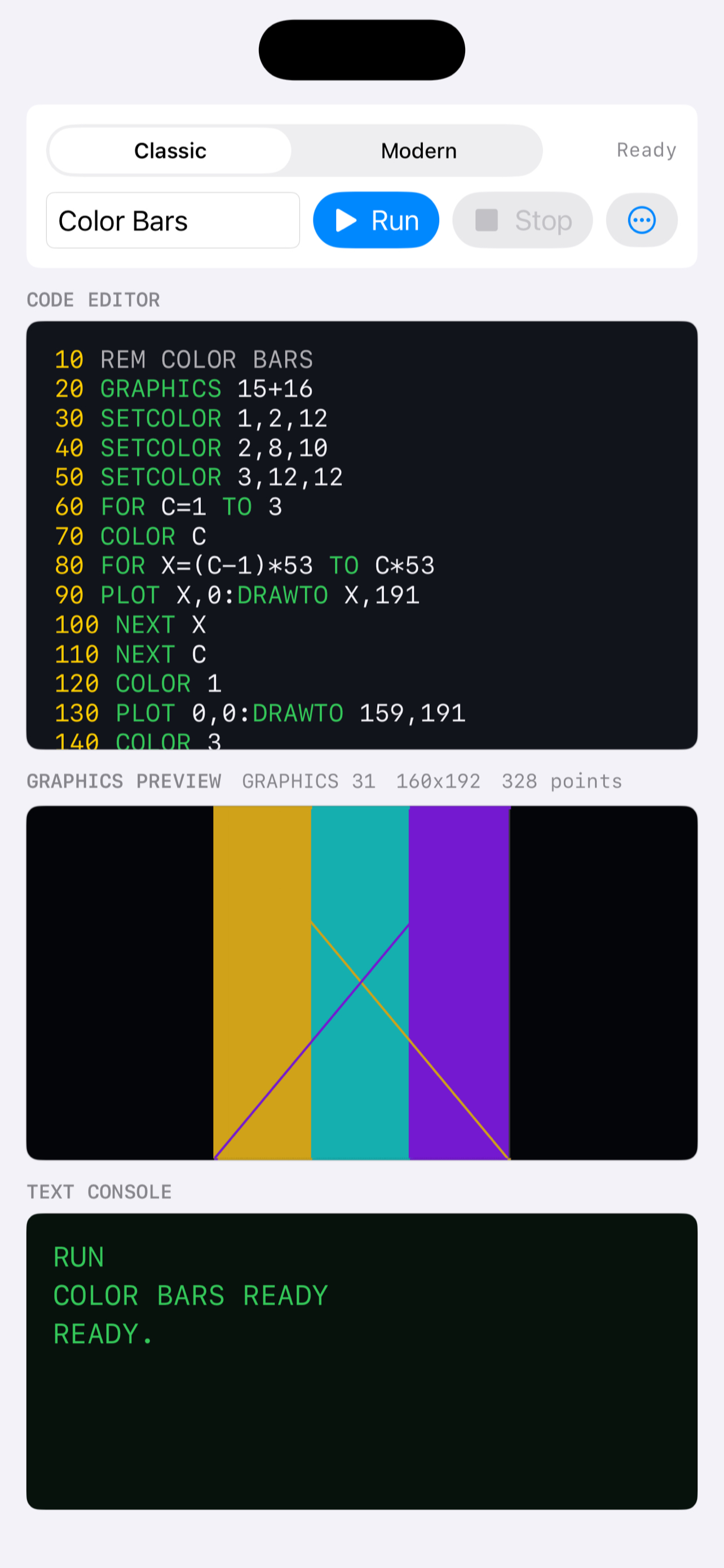 Pixel BASIC running a color graphics program on iPhone