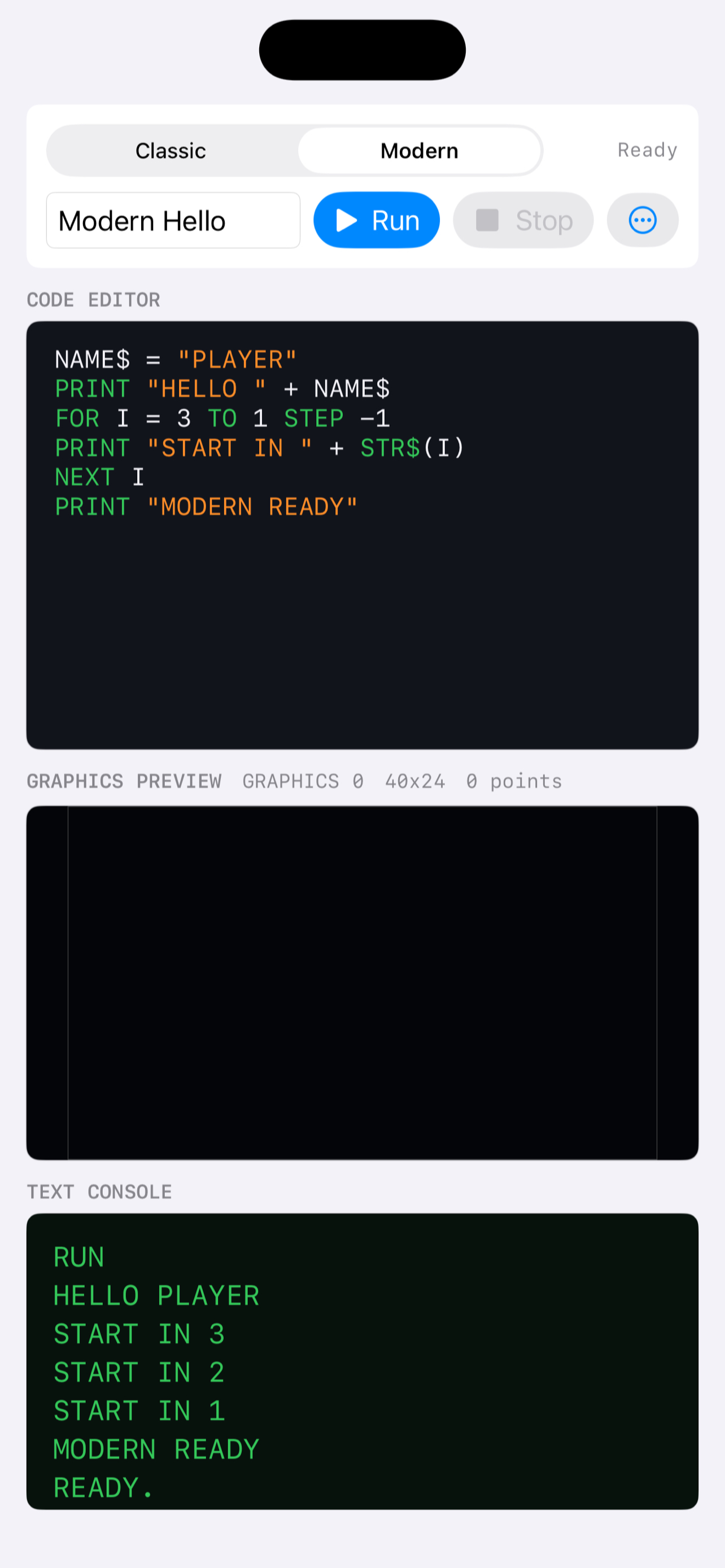Pixel BASIC modern mode on iPhone